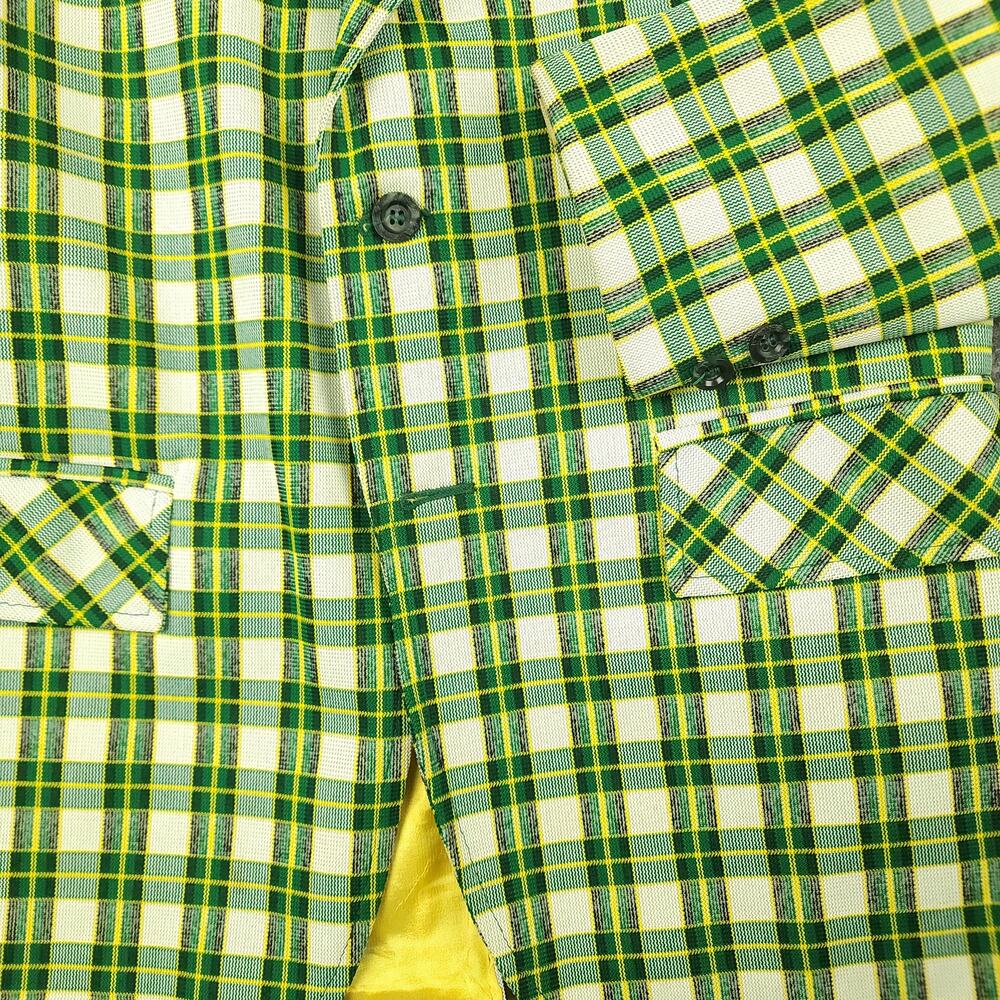 Vtg 70s Disco Wide Lapel Polyester Sack Jacket 34S Textured Retro Tartan Plaid